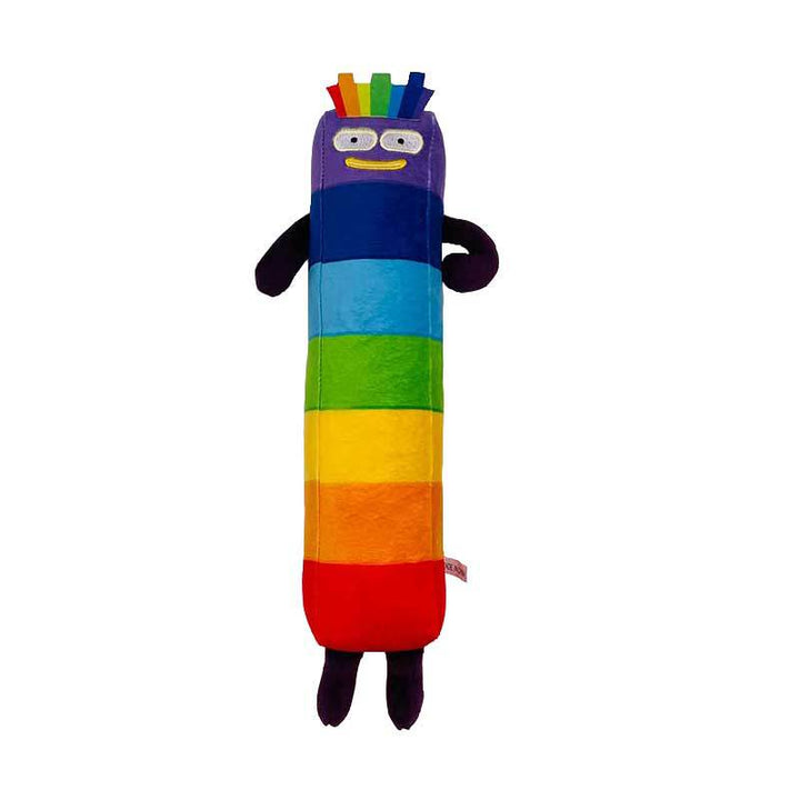 Buntes Regenbogen-Stofftier, rechteckig, mit Armen und Beinen, ideal als Kuschelkissen.