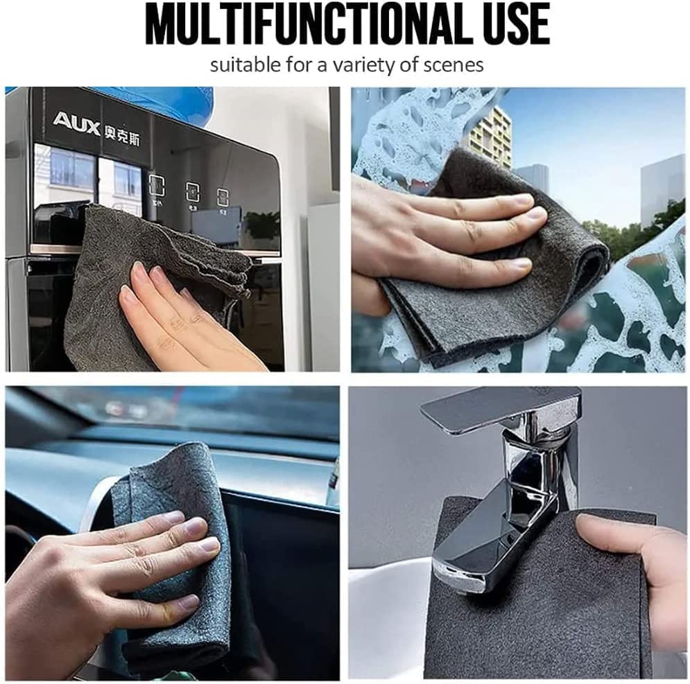 Graues Mikrofasertuch reinigt Oberflächen, vielseitig einsetzbar, ideal für Haushalt und Auto.