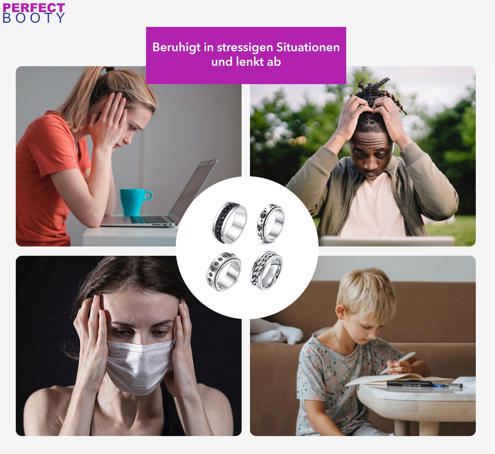 Vier Menschen in stressigen Situationen, beruhigt durch silberne Anti-Stress-Ringe.