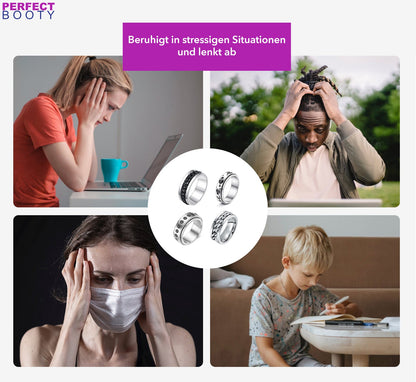 Vier Menschen in stressigen Situationen, beruhigt durch silberne Anti-Stress-Ringe.