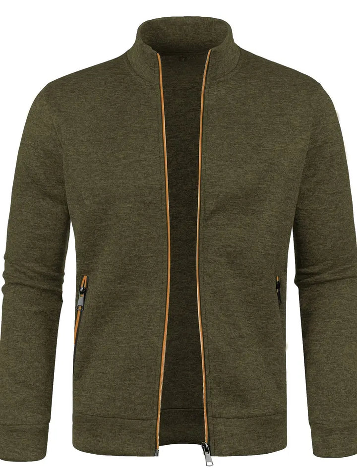 Olivgrüne Herrenjacke, Reißverschluss, Stehkragen, Freizeitmode, Baumwollmischung.