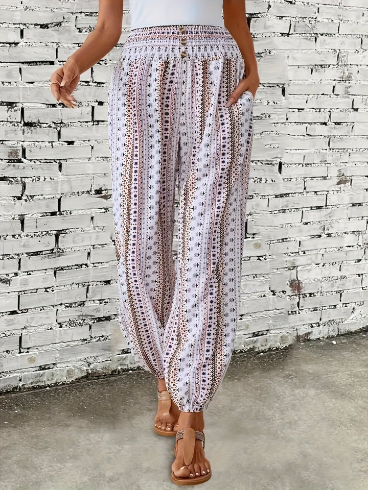 Boho Haremové dámské kalhoty s potiskem a nabíraným pasem – Linara