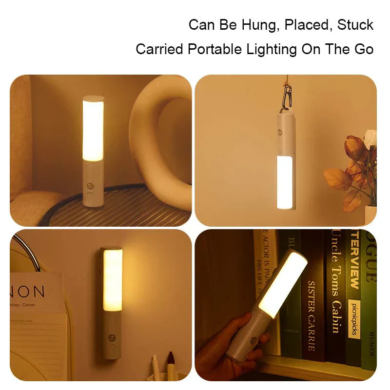 Tragbare LED-Lampe, weiß, hängend oder stehend, für vielseitige Beleuchtung, USB-aufladbar.