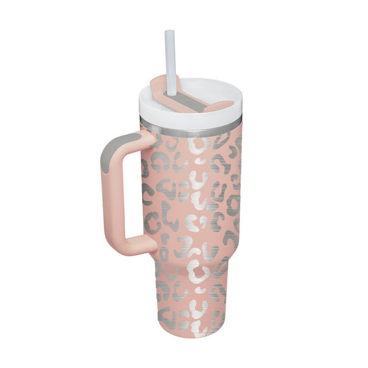 Rosa Leopardentasse mit Strohhalm, Edelstahl, isoliert, 1 Liter, wiederverwendbar, tragbar.