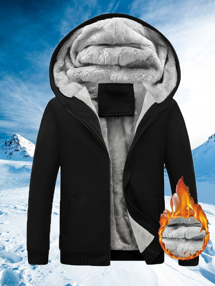 Schwarze Winterjacke mit Kapuze, Plüschfutter, warm, winddicht, ideal für kaltes Wetter.