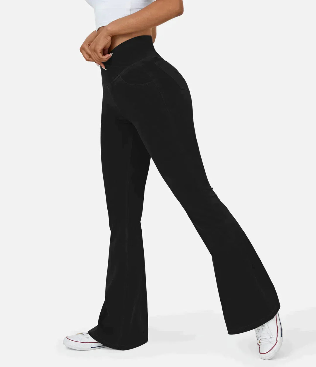 Schwarze Schlaghose Damen, hohe Taille, bequem, modisch, elastisch, Freizeitkleidung.