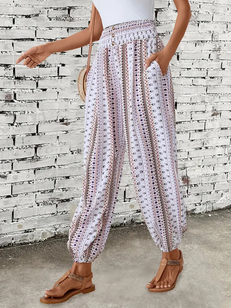 Boho-chic dámské kalhoty s grafickým potiskem – Solara