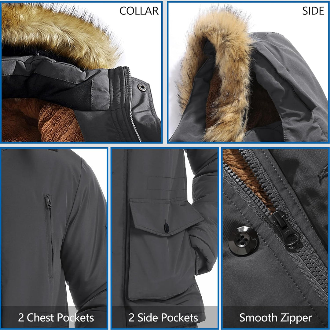 Dunkelgraue Winterjacke mit Kunstfellkapuze, Reißverschluss, 4 Taschen, Herrenmode.