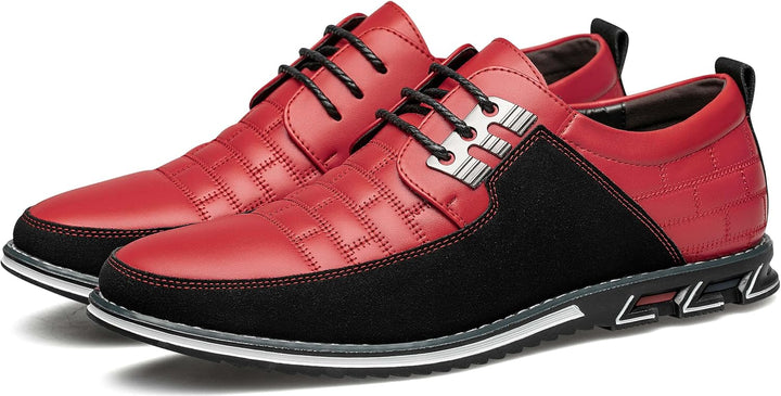 Rote Herren-Ledersneaker mit schwarzem Wildleder, sportlich-elegant, rutschfeste Sohle.