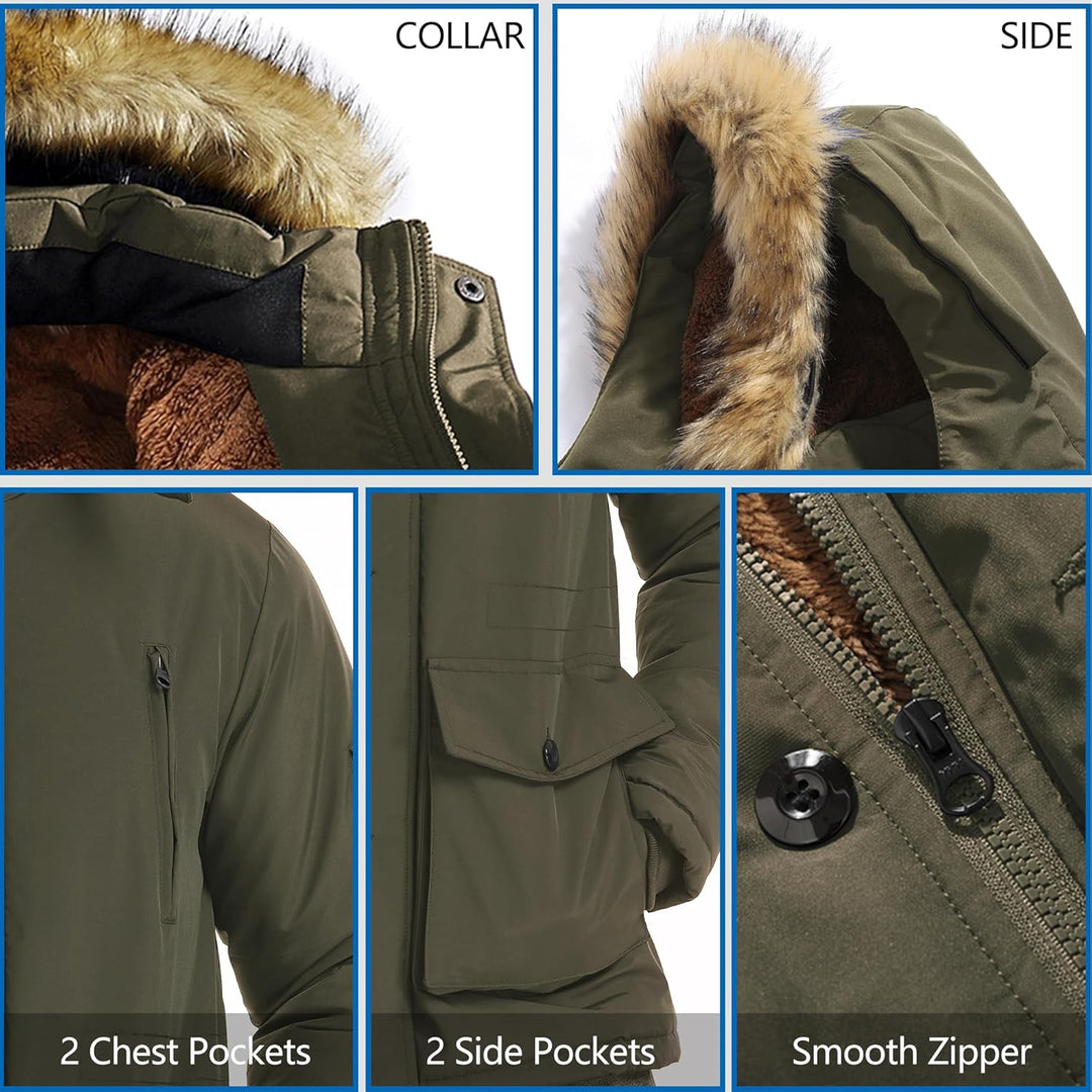 Grüne Winterjacke mit Kapuze, Kunstfell, Reißverschluss, 4 Taschen, Herrenmode, warm, funktional.
