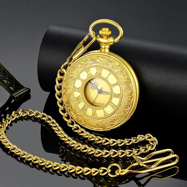 Goldene Taschenuhr mit Kette, römische Ziffern, Quarzwerk, Vintage-Stil, luxuriöses Design.