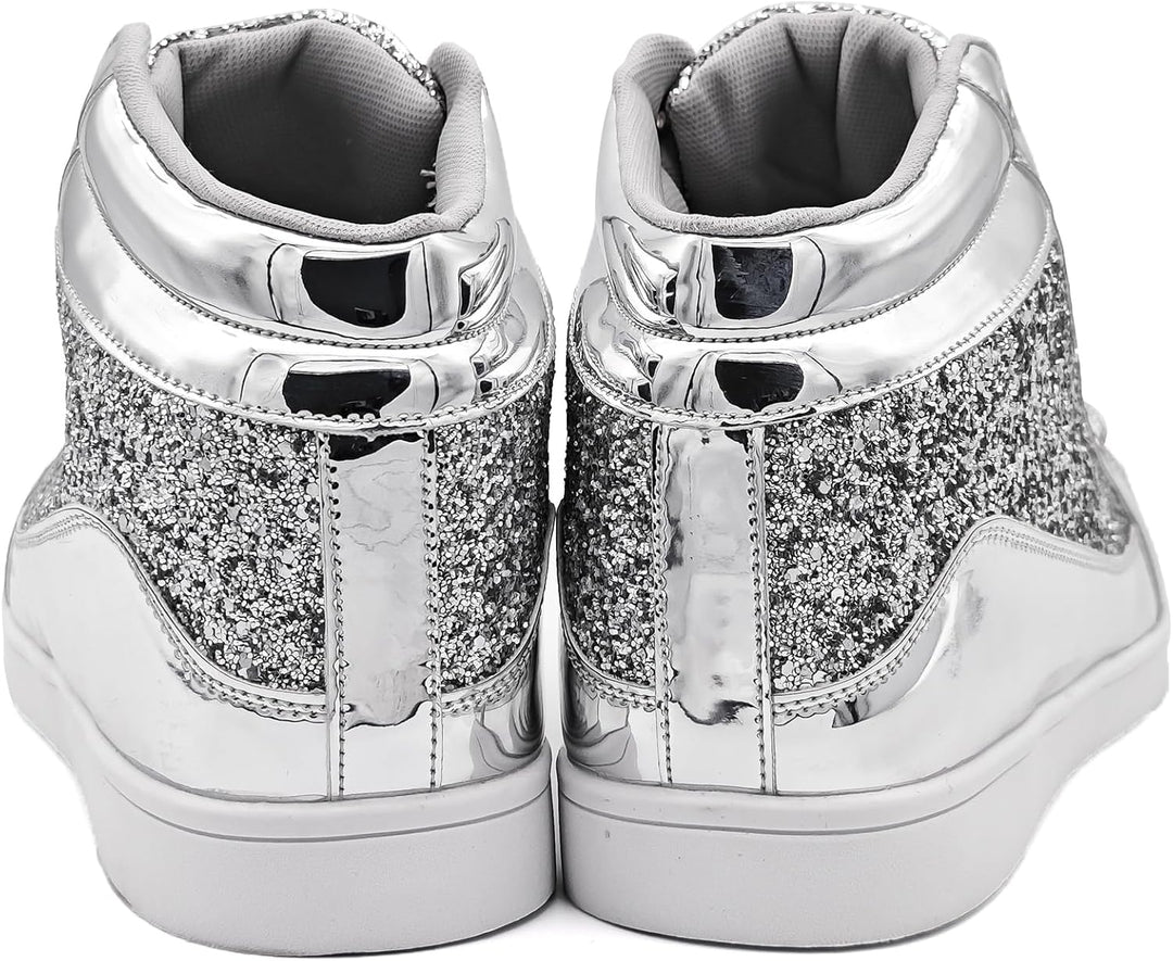 Silberne glitzernde High-Top-Sneaker, modisch, glänzend, Damen, Rückansicht.