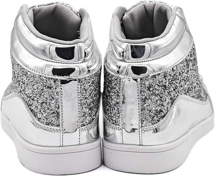 Silberne glitzernde High-Top-Sneaker, modisch, glänzend, Damen, Rückansicht.