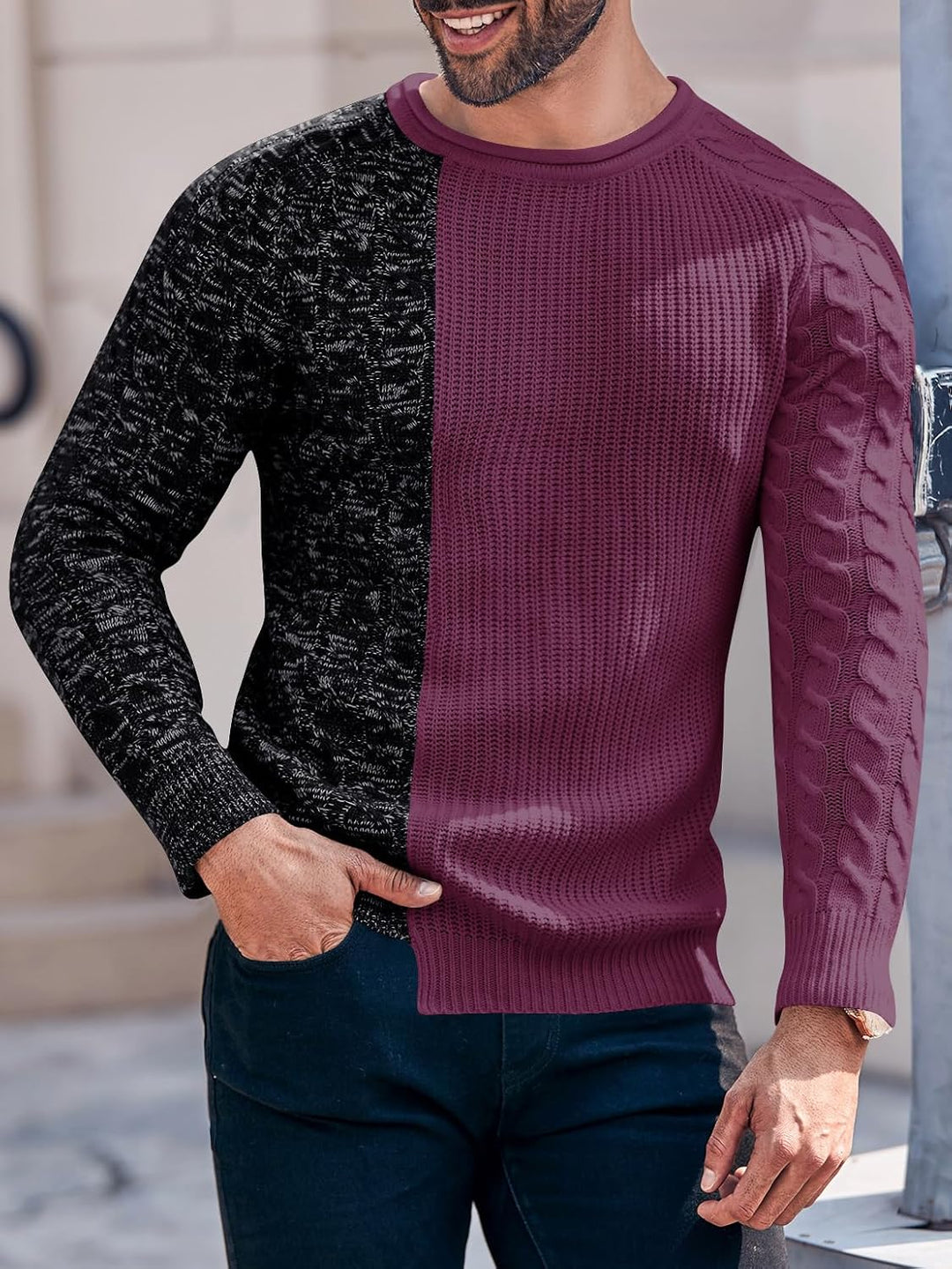Männerpullover zweifarbig, schwarz und bordeaux, Strickmuster, modisch, Herbstmode.