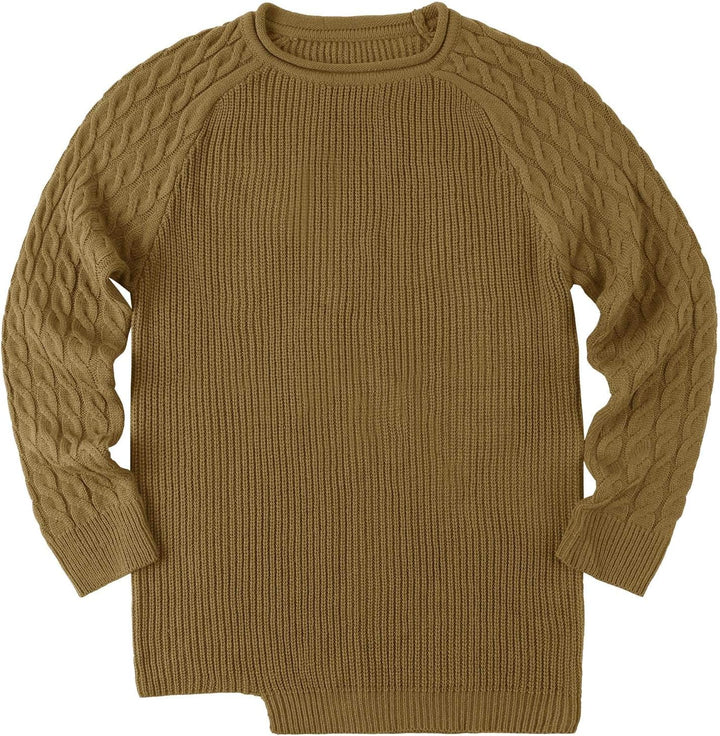 Olivgrüner Strickpullover, Zopfmuster, Langarm, Baumwolle, Herrenmode, Herbstbekleidung.