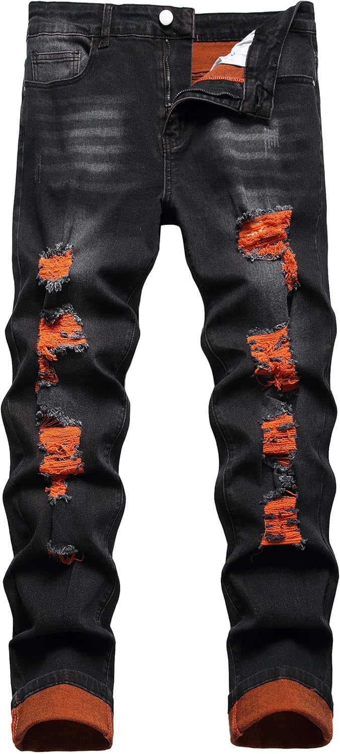 Schwarze Jeans mit orangefarbenen Rissen, modisch, Herren, Denim, Streetwear, Slim Fit.