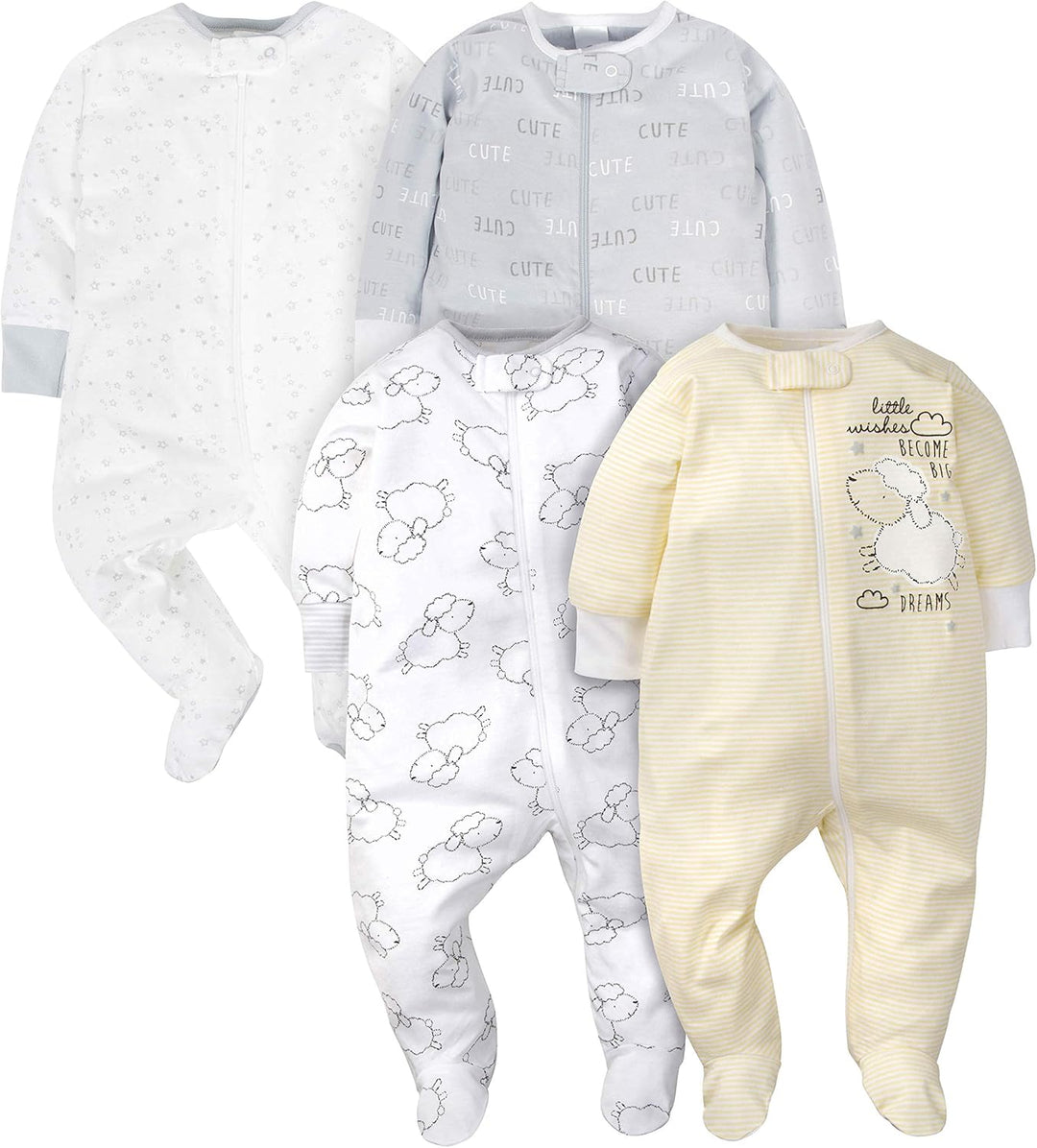 Vier Baby-Strampler aus Baumwolle, langärmelig, mit Tiermotiven, in Weiß, Grau und Gelb.