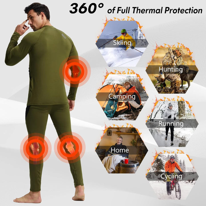Mann in olivgrünem Thermo-Unterwäsche-Set für Outdoor-Aktivitäten wie Skifahren und Jagen.