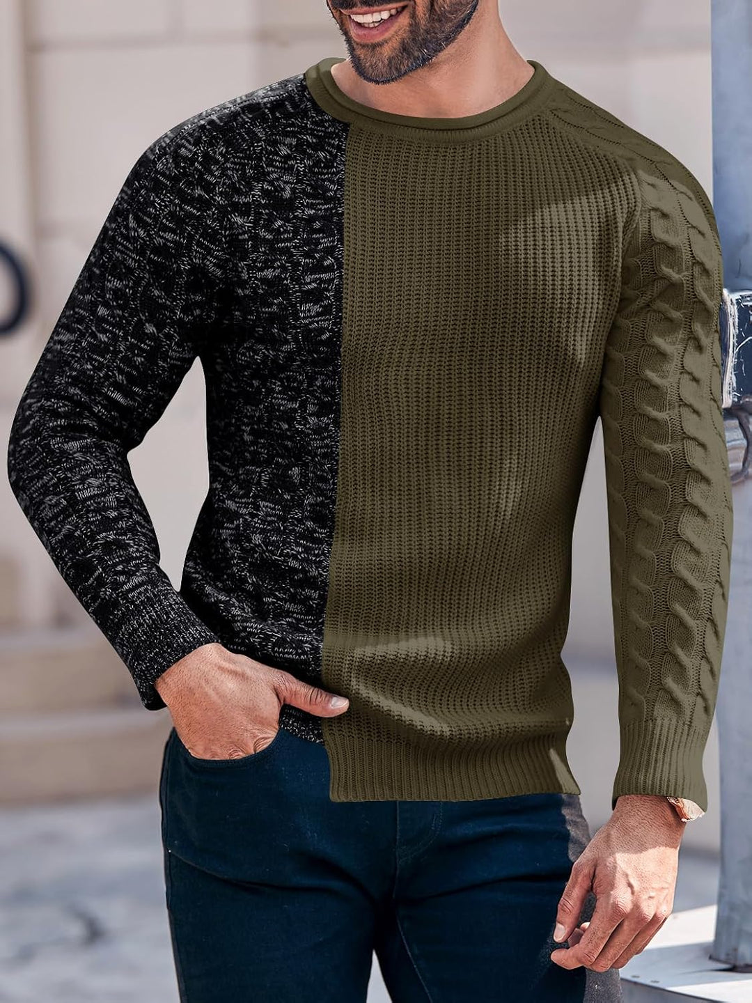 Zweifarbiger Herrenpullover, schwarz und olivgrün, Strickmuster, langärmelig, modisch.