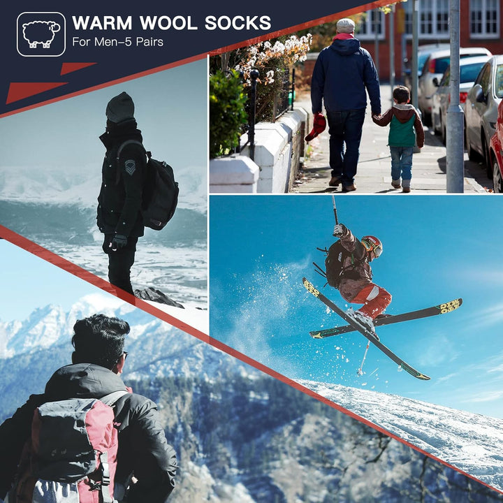 Collage aus Outdoor-Aktivitäten im Winter, Skifahren, Wandern, Vater mit Kind, warme Wollsocken.