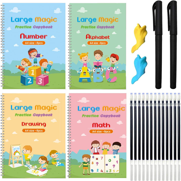 Lernhefte Set für Kinder, A4, Zahlen, Alphabet, Zeichnen, Mathe, inkl. Stifte und Griffe.