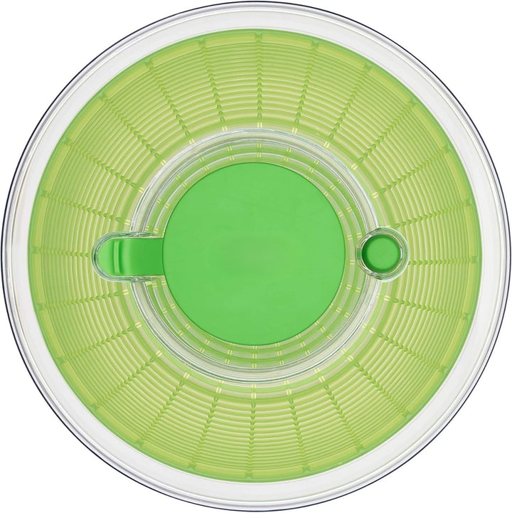 Grüne Salatschleuder aus Kunststoff, runde Form, Küchenzubehör, Deckelansicht, transparent.