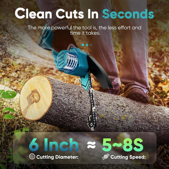 Akumulátorová mini řetězová pila 6 palců s LED světlem a 21V baterií – TimberCut