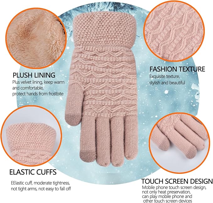 Damenhandschuhe beige, Strick, Touchscreen-fähig, warmes Plüschfutter, modisches Design.