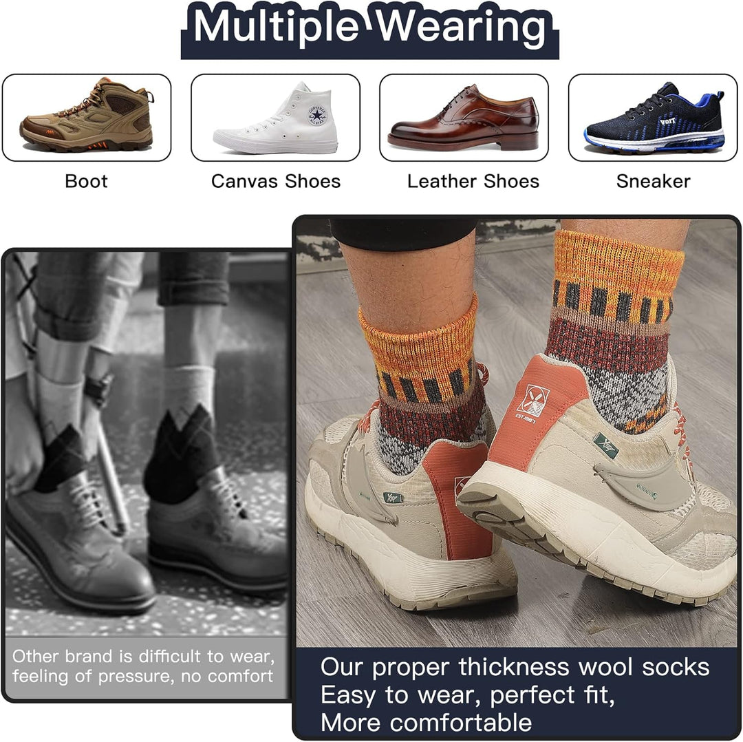 Beige Wanderschuhe mit orangefarbenen Wollsocken, bequem, vielseitig, ideal für Outdoor-Aktivitäten.