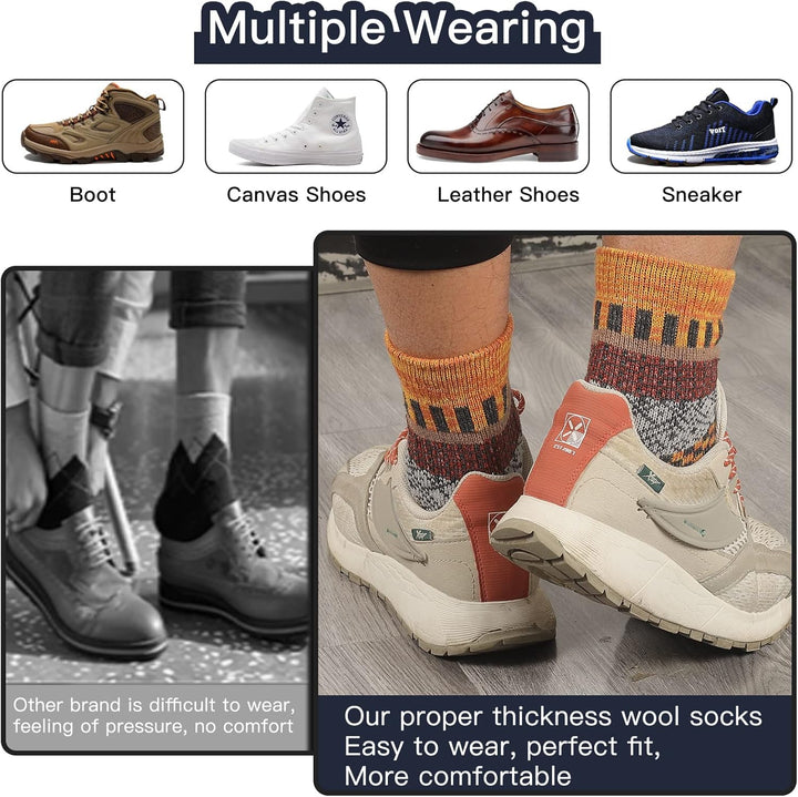 Beige Wanderschuhe mit orangefarbenen Wollsocken, bequem, vielseitig, ideal für Outdoor-Aktivitäten.
