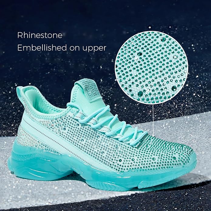 Türkise Sneaker mit Strasssteinen, modische Sportschuhe, glitzernde Damen-Freizeitschuhe.