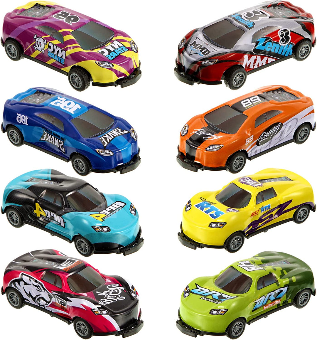 Acht bunte Spielzeug-Rennautos, verschiedene Designs, Kunststoff, für Kinder, Sammlerstücke.