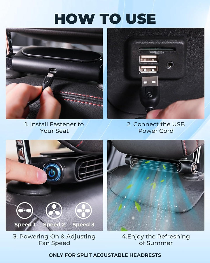 3 rychlosti USB ventilátor do auta & držák na opěrku hlavy – AutoBreeze (1+1 ZDARMA)