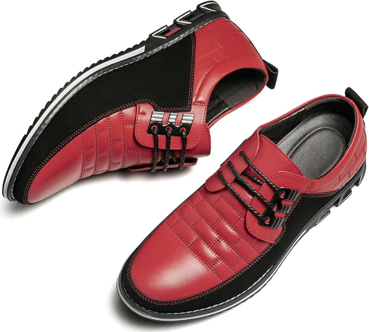 Rote Herrenschuhe aus Leder, sportlich-elegant, mit schwarzen Details und Schnürung.