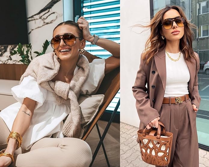 Zwei Frauen mit Sonnenbrillen, modische Outfits, braune Töne, Accessoires, urbaner Hintergrund.