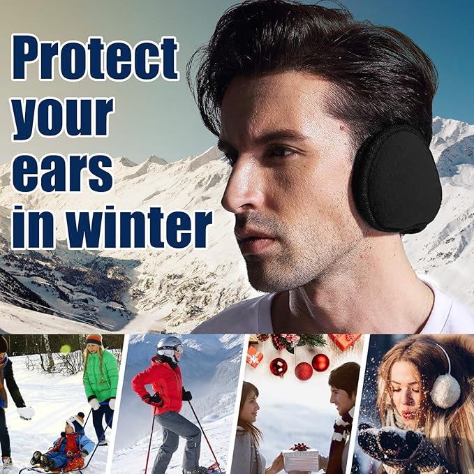 Mann mit schwarzen Ohrenschützern im Schnee, Wintermode, Ohrenschutz, Outdoor-Aktivitäten.