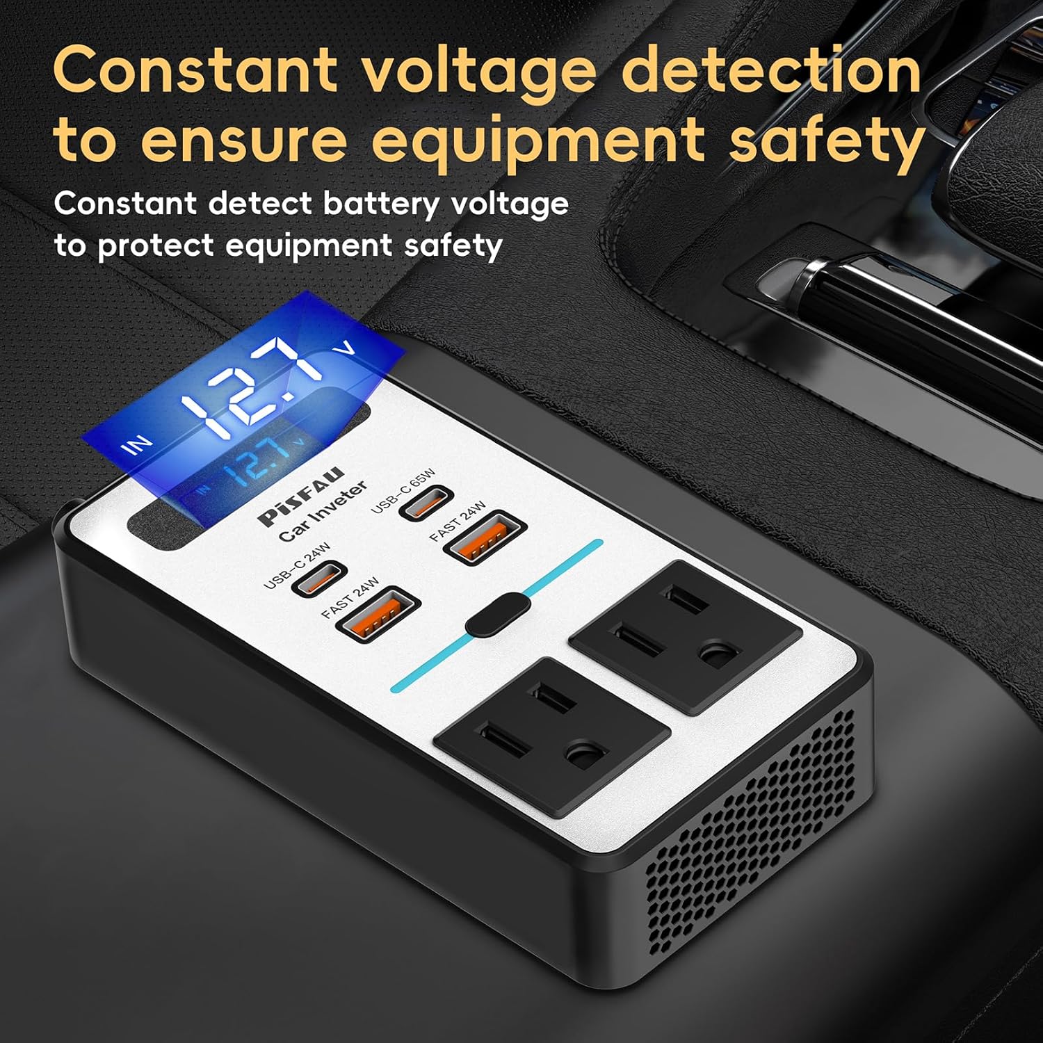 PIFETAI Auto Spannungswandler, 150W, USB-C, USB-A, Steckdose, LED-Anzeige, Schwarz-Silber.