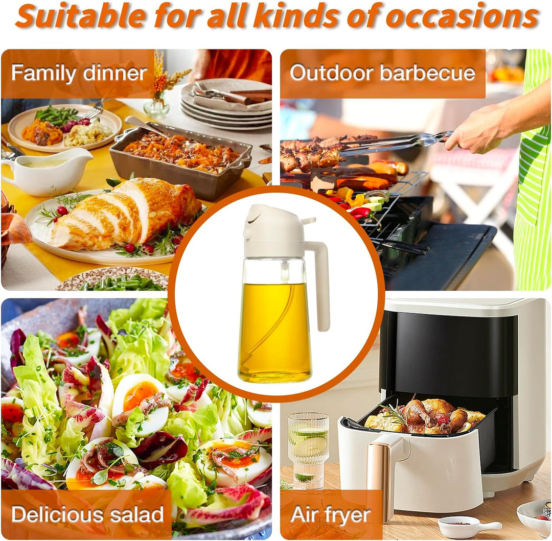 Ölspender aus Glas mit weißem Deckel, ideal für Küche, Grillen, Salate, Luftfritteuse.