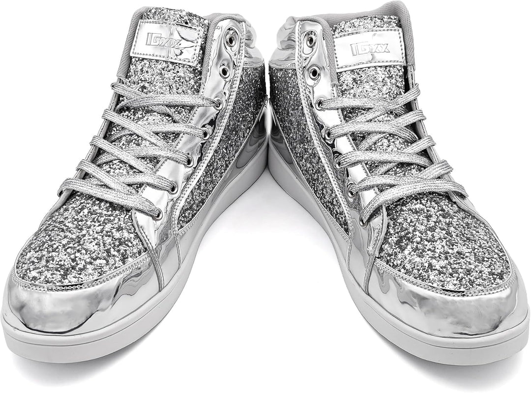 Silberne Glitzer-Sneaker, hohe Schuhe, modisch, glänzend, Damen, Freizeit, Schnürsenkel.