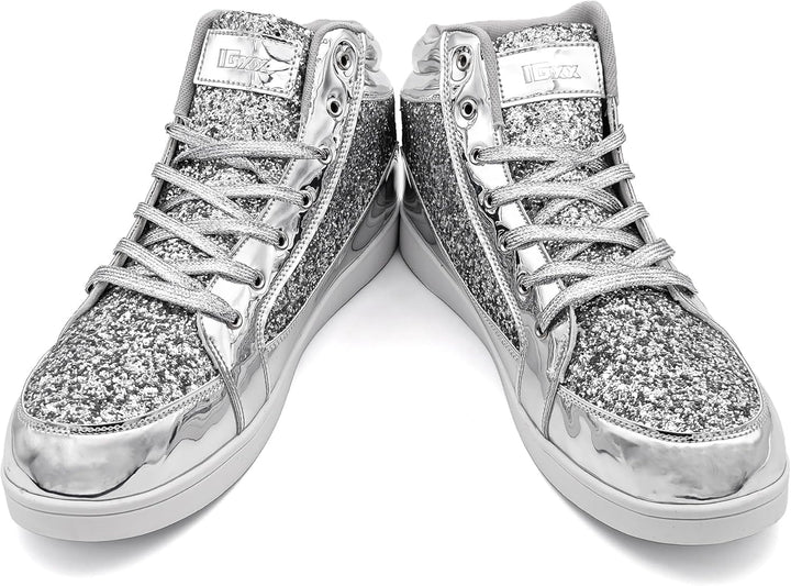 Silberne Glitzer-Sneaker, hohe Schuhe, modisch, glänzend, Damen, Freizeit, Schnürsenkel.