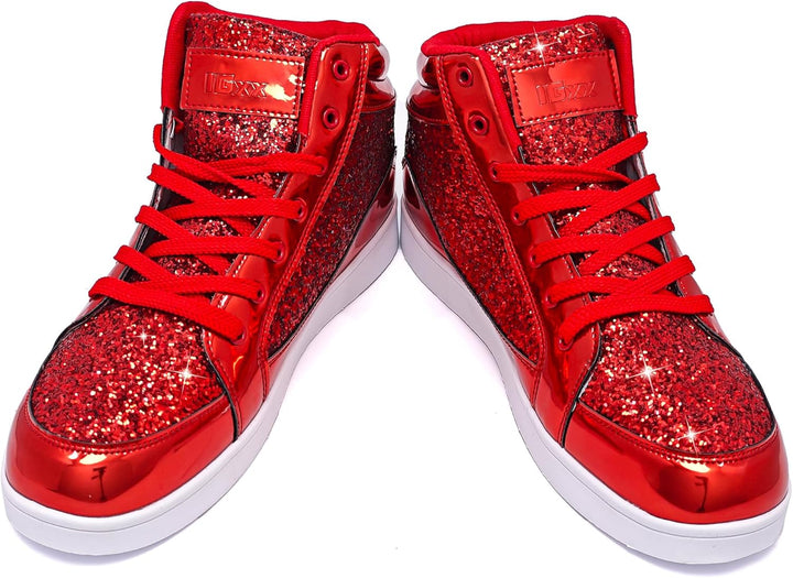 Rote glitzernde High-Top-Sneaker, modisch, glänzend, für Damen und Herren, Freizeitmode.