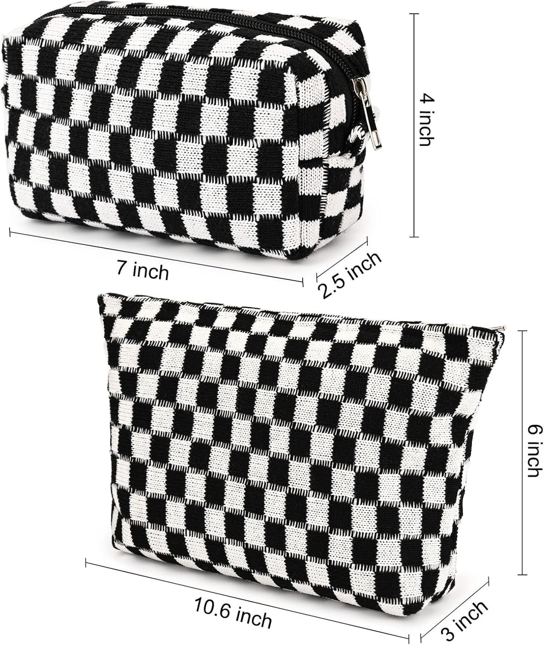 Schwarz-weiß karierte Kosmetiktasche, Reißverschluss, 7x2,5x4 Zoll, Baumwolle, Reise-Organizer.