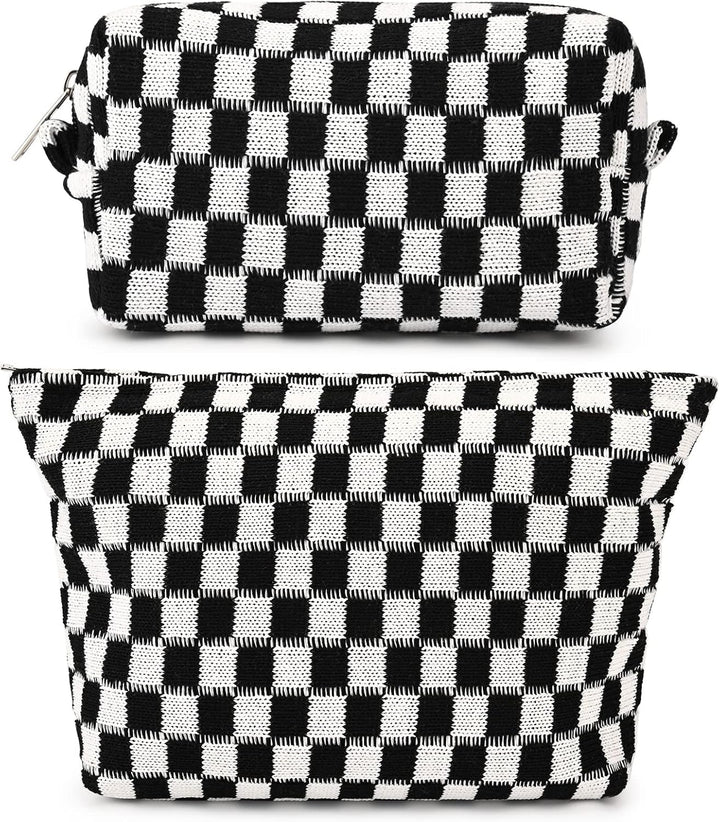 Schwarz-weiß karierte Kosmetiktasche, Reißverschluss, Baumwolle, stilvoll, praktisch, Reiseaccessoire.
