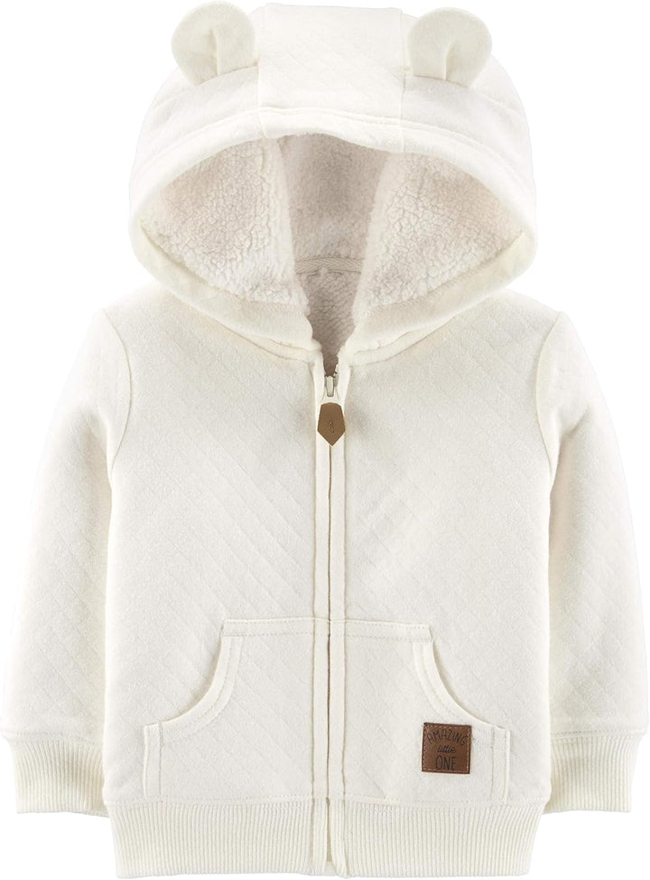 Weiße Baby-Kapuzenjacke mit Bärenohren, Reißverschluss, weichem Futter, Baumwolle.