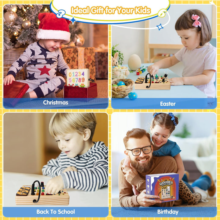 Vier Kinder spielen mit Holzspielzeug, ideal als Geschenk zu Weihnachten, Ostern, Geburtstag.