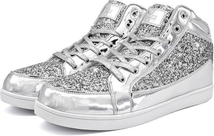 Silberne Glitzer-Sneaker, hohe Schuhe, modisch, glänzend, Schnürsenkel, Unisex.