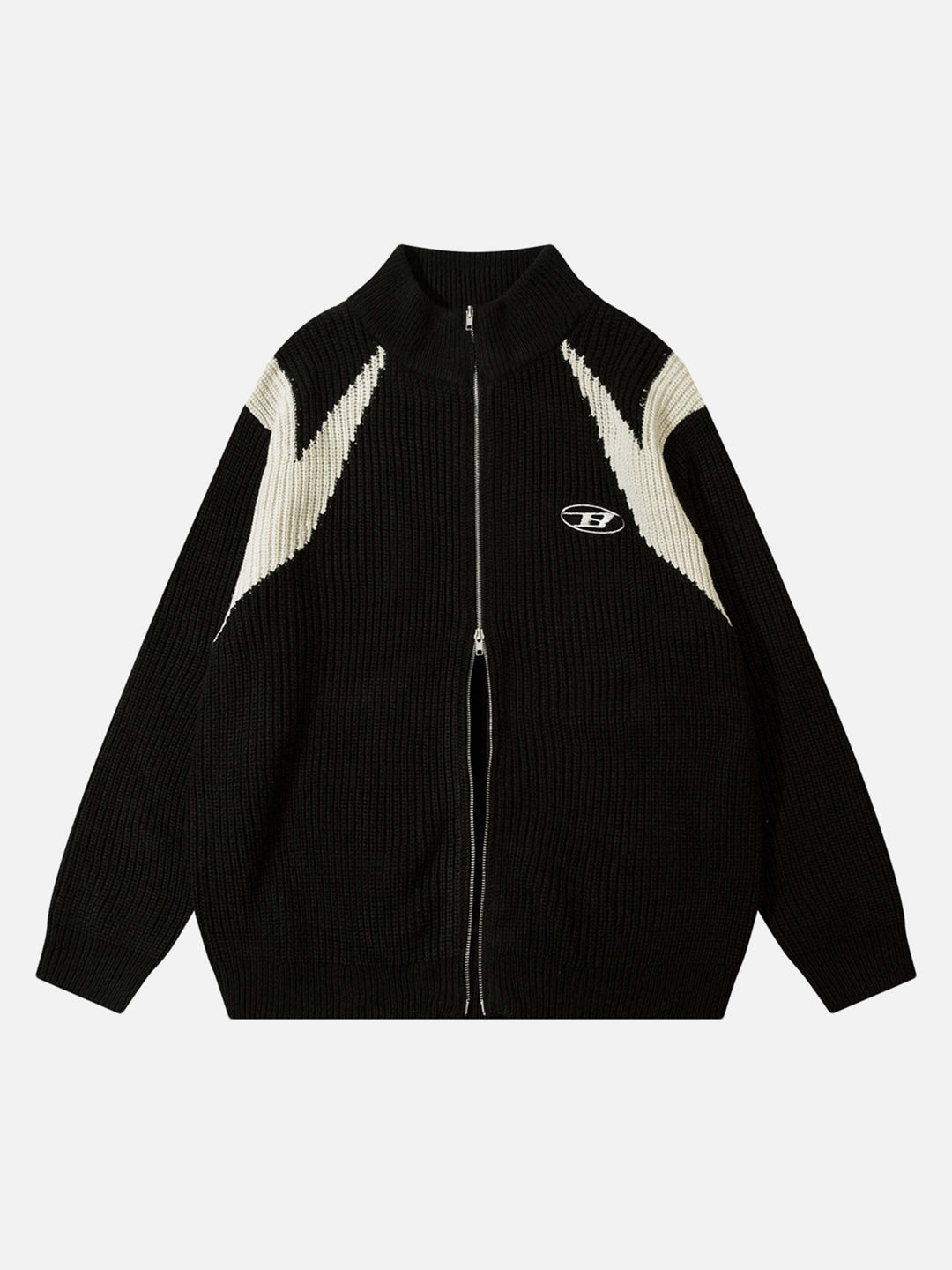 Schwarze Strickjacke mit Reißverschluss, weißen Streifen, Stehkragen, Herrenmode, Baumwolle.