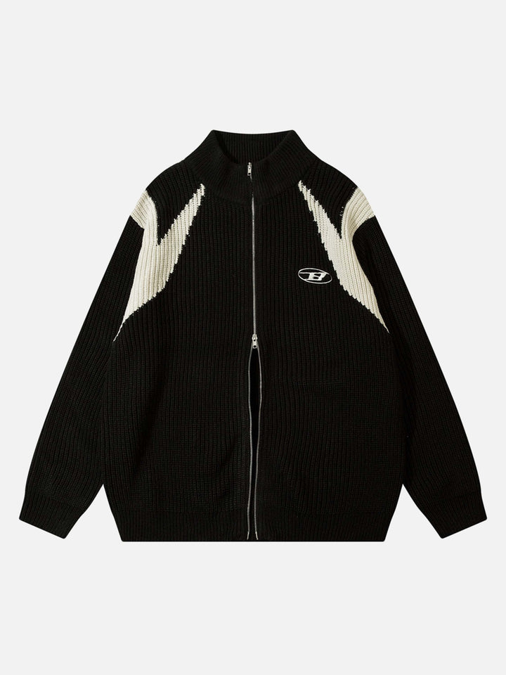 Schwarze Strickjacke mit Reißverschluss, weißen Streifen, Stehkragen, Herrenmode, Baumwolle.