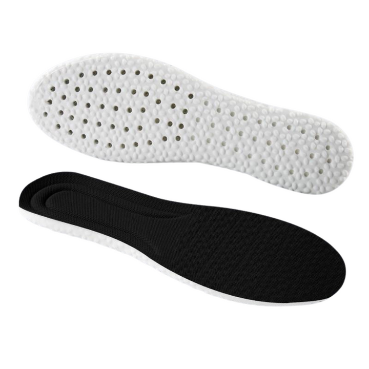 Schwarze orthopädische Einlegesohlen, atmungsaktiv, ergonomisch, für Komfort und Unterstützung.