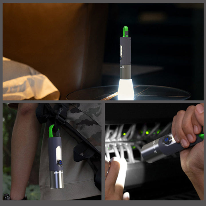 Tragbare LED-Taschenlampe, schwarz, mit grünem Haken, ideal für Outdoor und Camping.